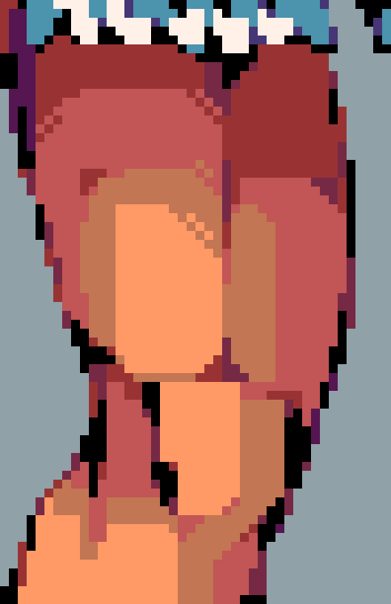 [68c135] ik that the shape of the quad is divided down the center by another muscle so i exaggerate that by makingg it rigid and break my diff values w dithering to make it look tooooo unnatural and stylized enough for me