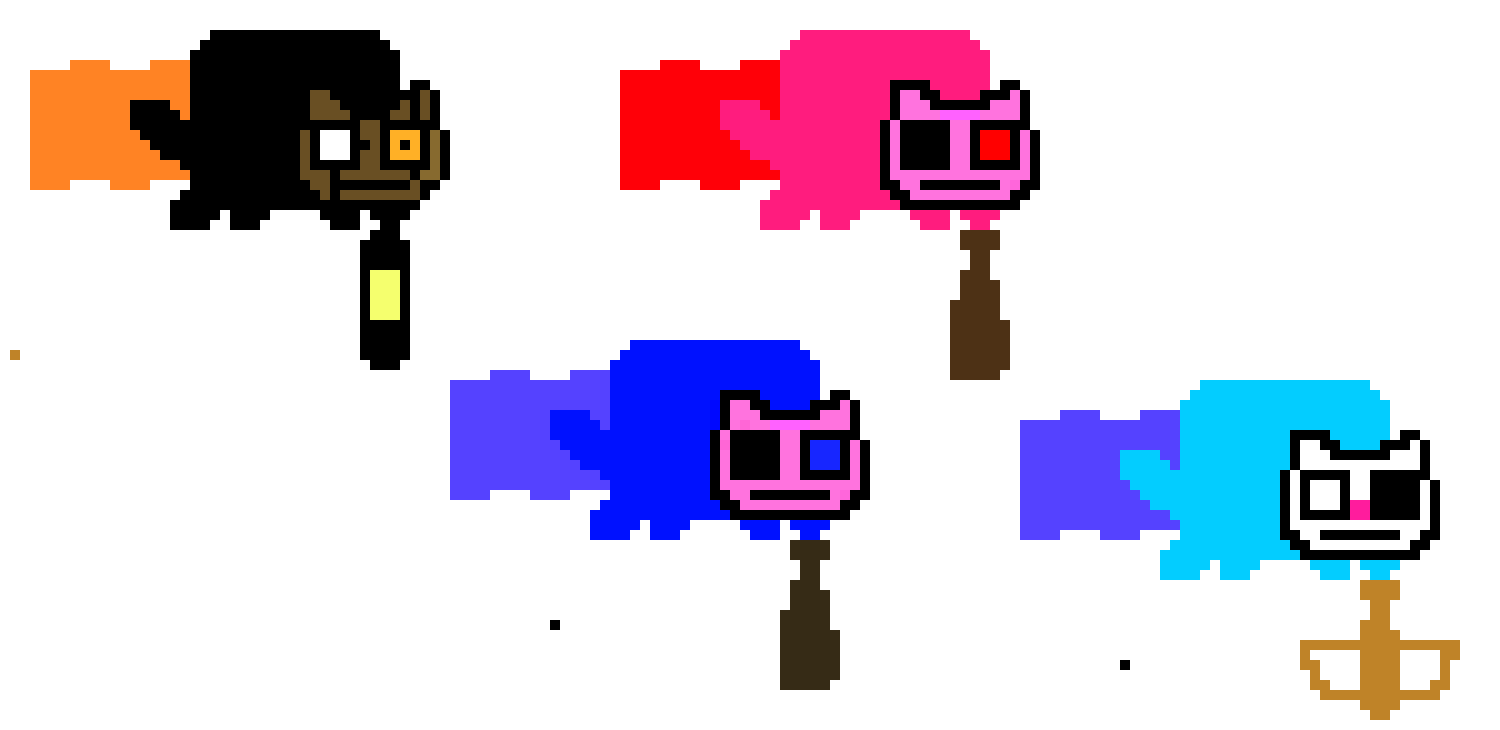 Mr. Stitchy cat, Penny Piggy cat, Georgey piggy cat and bunny cat